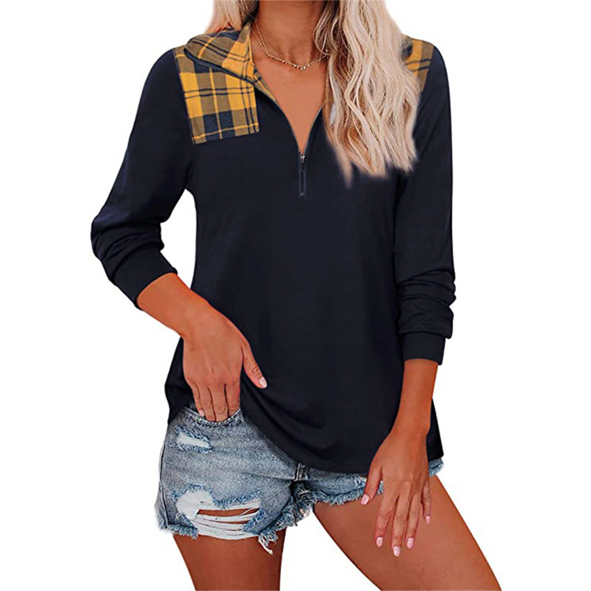 Plaid Print Stitching Zipper Lapel Long-Sleeved Casual T-Shirt NSYHY107468