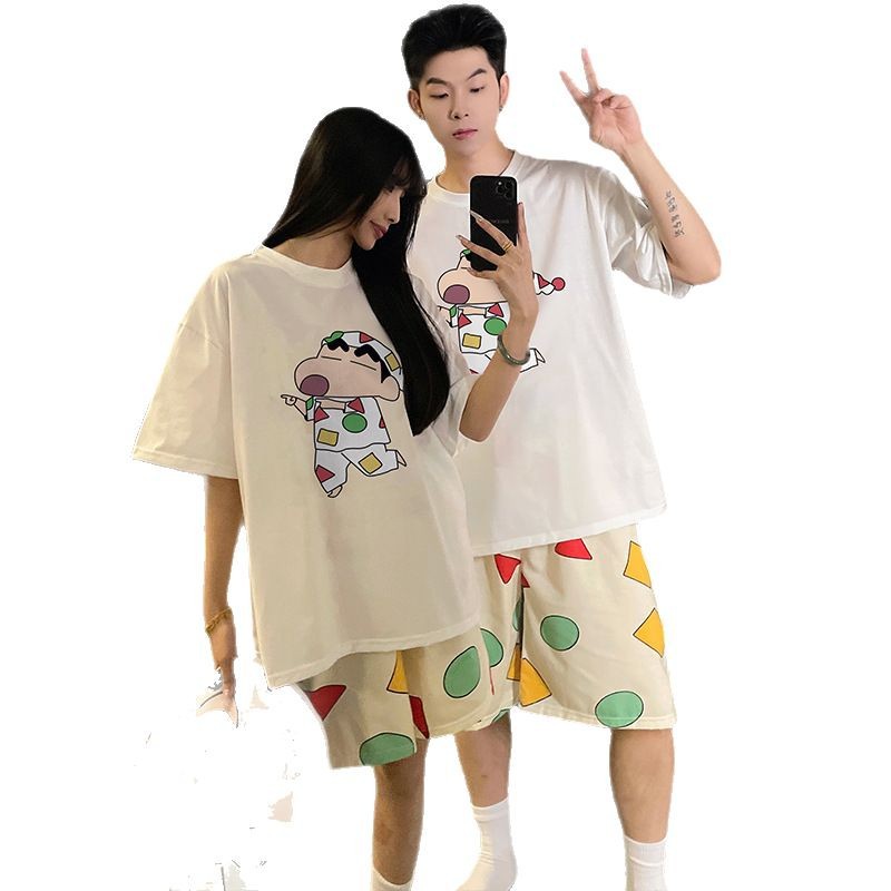 Lápiz japonés pequeño nuevo pijama de pareja mujer algodón de verano manga corta dibujos animados lindos hombres ropa de casa set de verano