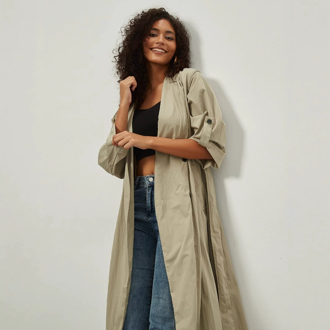 Трансграничная женская одежда оптом в европейском и американском стиле мода повседневная ветровка с V-образным вырезом осенью новый свободный пояс длинный пиджак