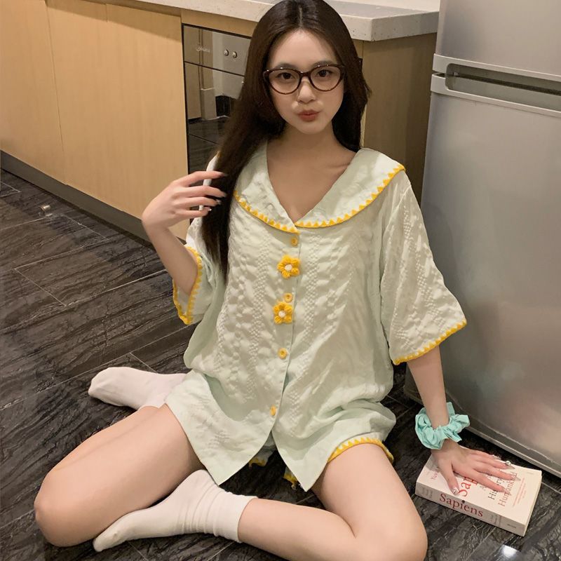 Nuevo pijama de verano transfronterizo de mujer trenzado nubes cardigan princesa dulce encantador conjunto de ropa para el hogar