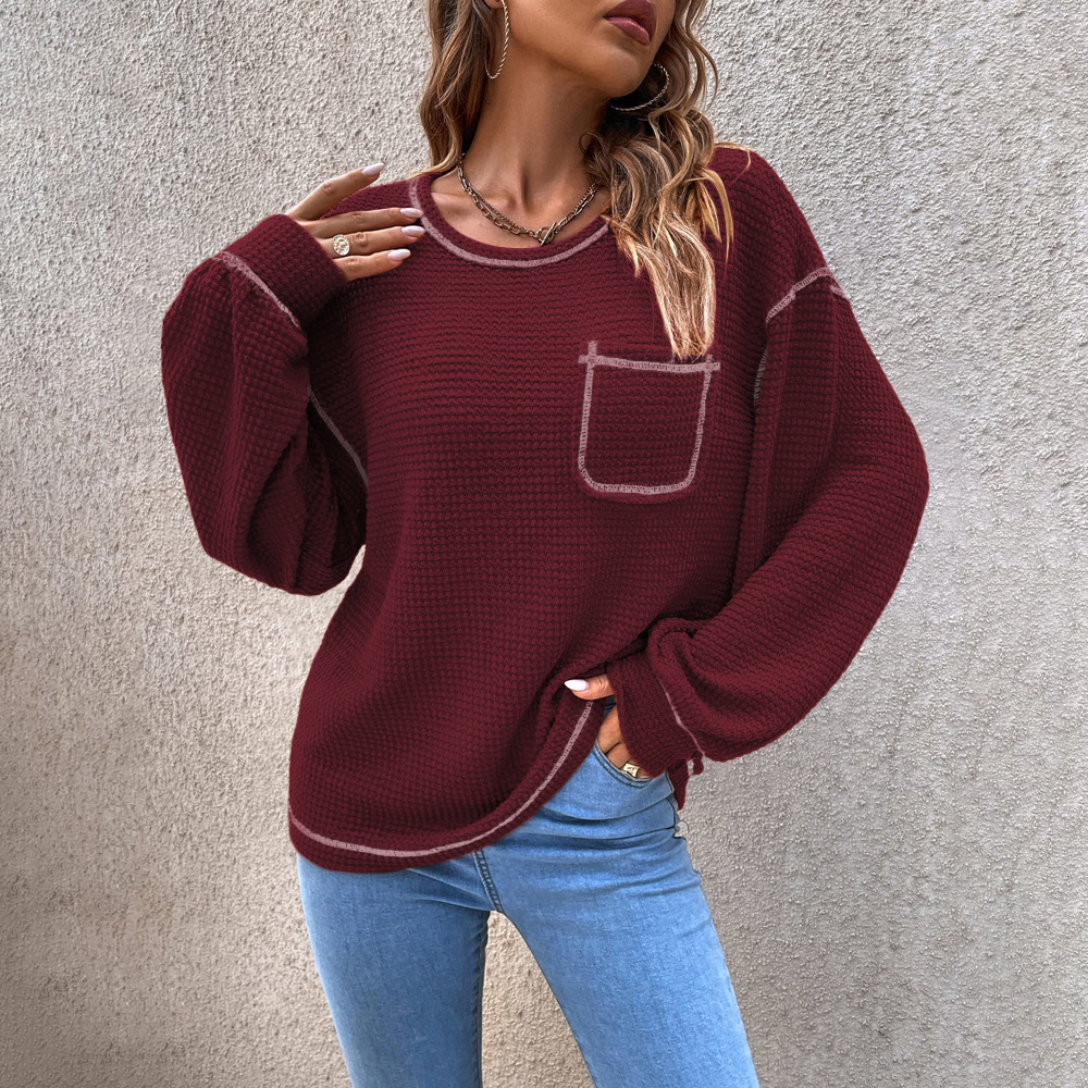 Fashion Solid Color Cotton Round Neck Long Sleeve Batwing Sleeve Pocket Knitwear display picture 3