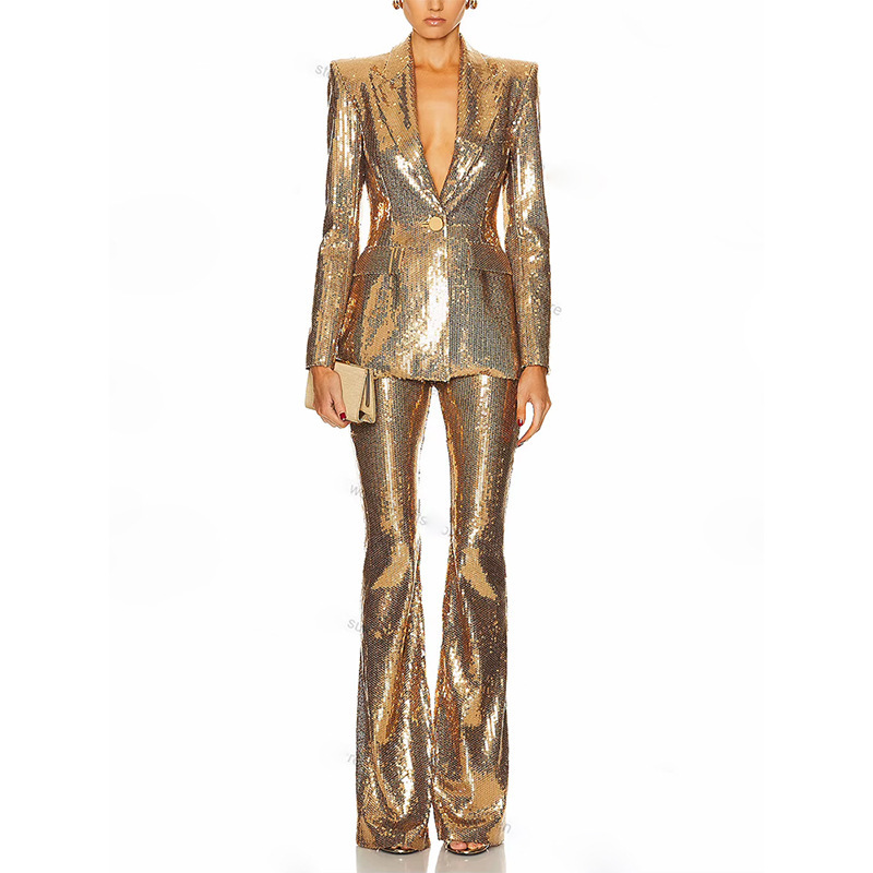 In Stock 2026 New European and American Celebrity Fashion Gold Sequin Blazer Jacket and Trousers Suit Two-Piece Set