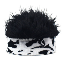 拼色针织假发帽时尚个性街舞帽男士冬天套头帽毛毛地主帽外贸跨境