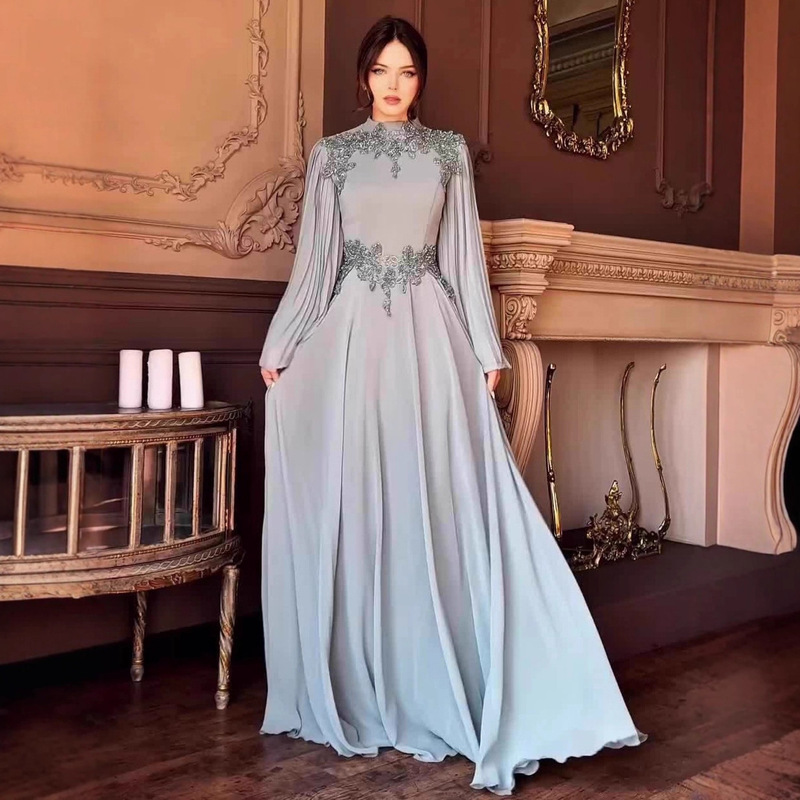 Ebay Amazon 2024 New Fashion Foreign Trade Dress Pleated Long-Sleeved Elegant High-Waisted Dress for Women