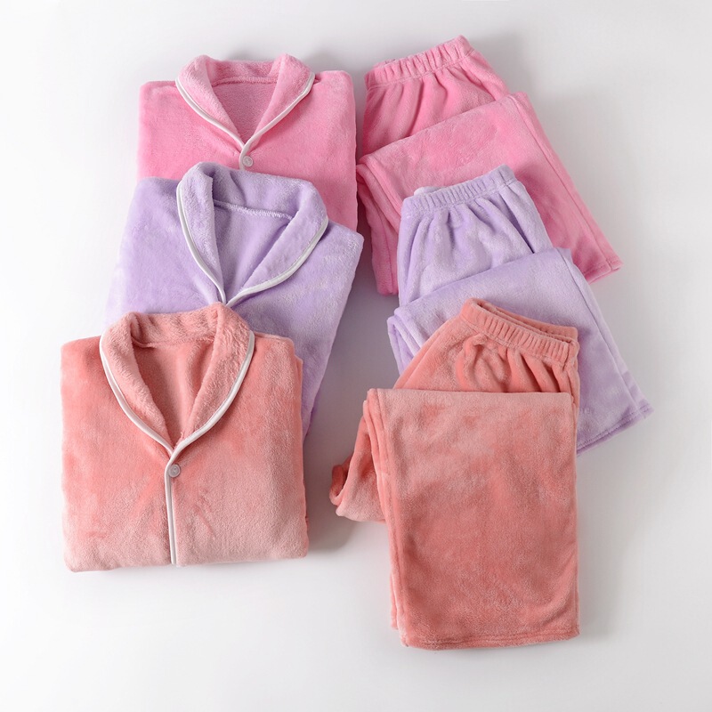 Winter New lapel autumn and winter young women's loose casual pajamas warm thickened flannel home wear suit