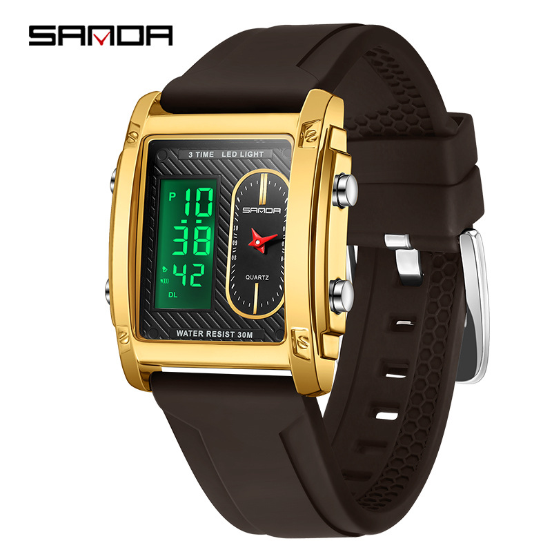 SANDA transfronterizo explosivo cuadrado hombre reloj electrónico de cuarzo impermeable moda multifunción doble pantalla reloj electrónico