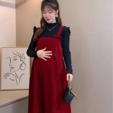 孕妇装春装背带裙套装新款小个子针织毛衣红色连衣裙春秋两件套装