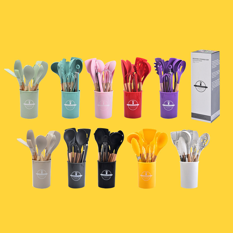 Utensilios de cocina de silicona de 12 piezas, mango de madera, herramienta de cocina resistente a altas temperaturas, olla antiadherente, pala de cocina, pala, juego de doce piezas