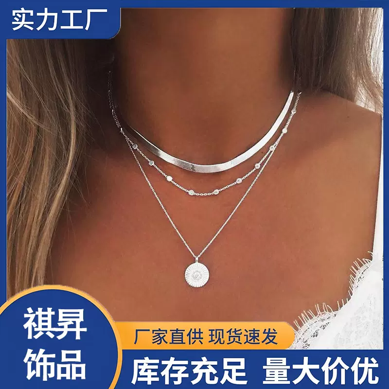 欧美跨境新款简约多层荷花吊坠项链女时尚个性金珠圆片刀片链颈链