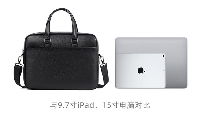 Túi xách tay nam da bò thật 39×10×29 cm có hai ngăn khóa kéo, đeo chéo một vai — Màu đen chi tiết 11