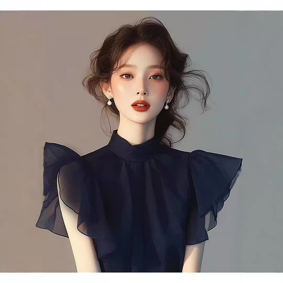 Áo sơ mi voan nữ tay bèo nhỏ màu xanh lam thanh lịch — Màu xanh lam