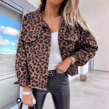 亚马逊跨境新款外贸牛仔外套女豹纹欧美时尚牛仔上衣夹克