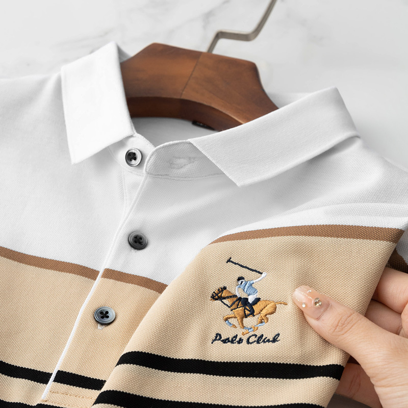 Pearl Cotton Shirt Short Sleeved T-Shirt With Lapel Collar, Casual Stripes, Youth Fashion Polo Shirt, Men's T-Shirt_voghion.com