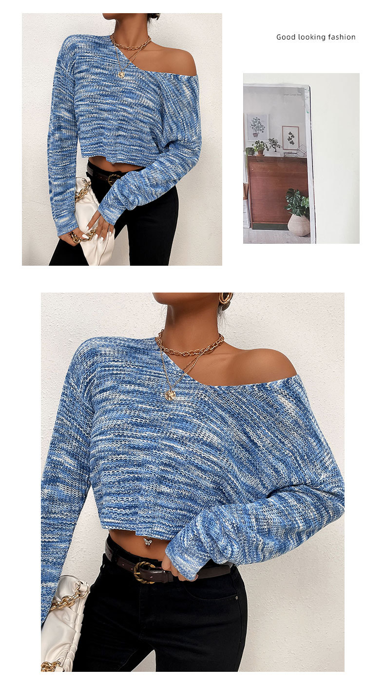 Kurzer blauer Langarmpullover mit V-Ausschnitt_voghion.com
