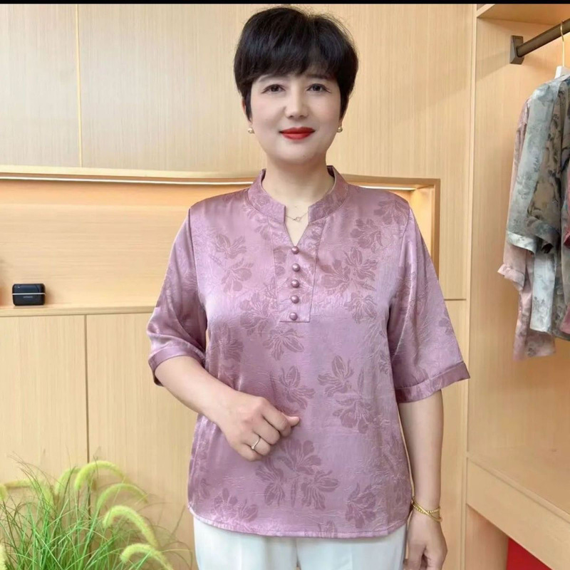 Dropshipping Ice Silk Shirt, Rich Mother's Clothing, Summer New High-End Middle-Aged and Elderly New National Style Shirt Dropshipping Ice Silk Shirt, Rich Mother's Clothing, Summer New High-End Middle-Aged and Elderly New National Style Shirt