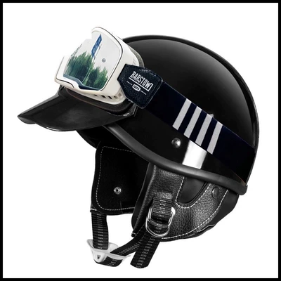 Motosiklet kaskı (dəbilqə) – helmet, custom-made men's half helmet - glossy-black-black-and-white-striped-goggles-s52-53