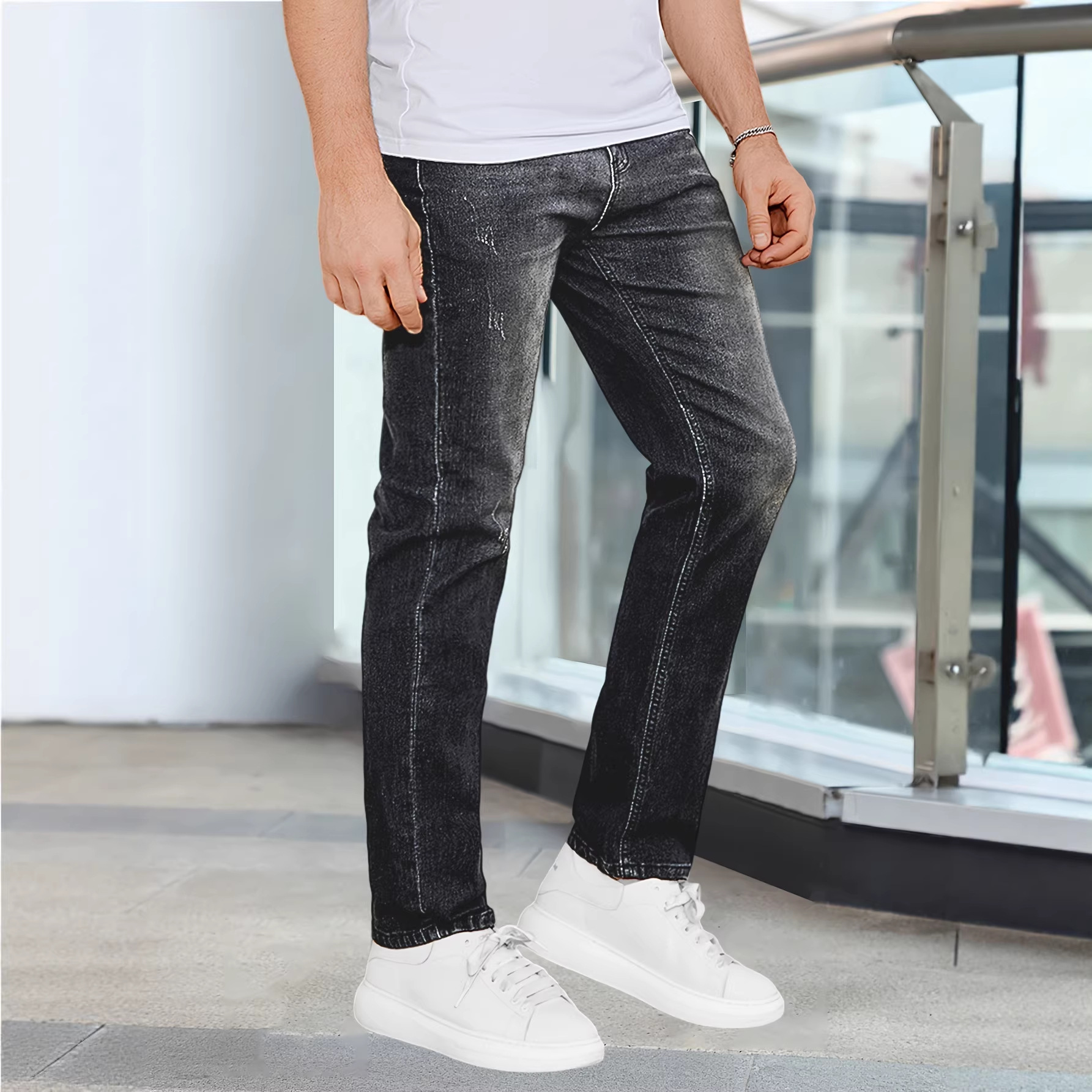 Men's Slim Fit Stretch Denim Jeans Black Midweight Skinny Pants All Seasons Simple Design Mid Waist Cropped Length_voghion.com