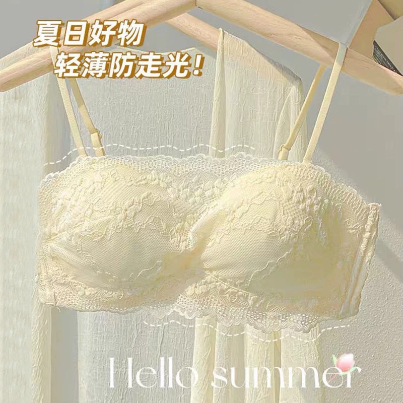 Нижнее белье без бретелек, женское летнее тонкое без стальных колец, большая грудь, маленькая грудь с запахом, анти-бегущий легкий кружевной дышащий бюстгальтер, костюм