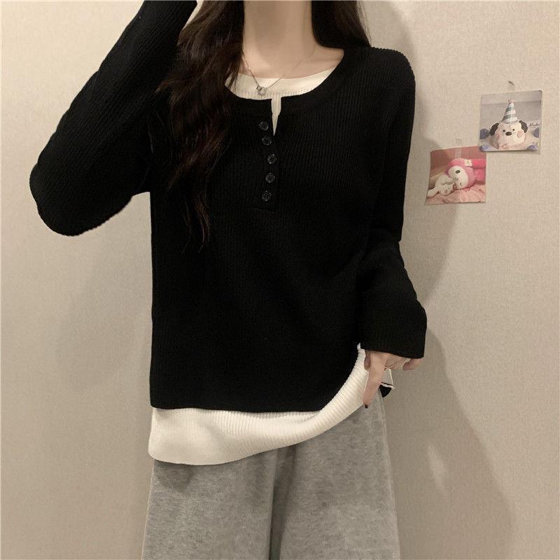 灰色假两件针织衫女修身显瘦春夏季2025新款宽松内搭打底衫上衣潮|undefined