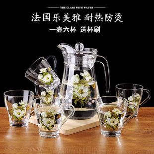 Household Printed Cold Water Juice Kettle with Handles Cold Water Cup Thickened Tempered Glass Korean Style Water suit Yukang