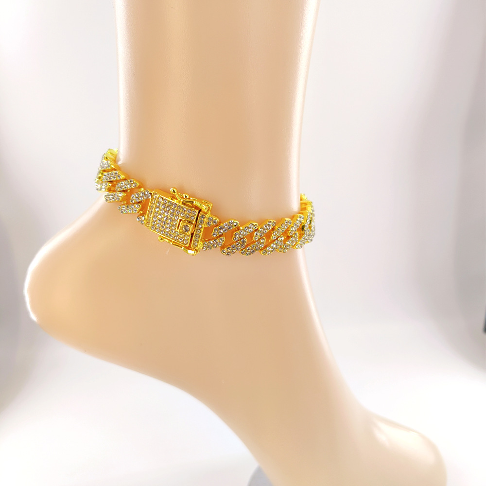 Personalized New Exaggerated Girl 12mm Alloy Cuban Decoration Hip Hop Full Diamond Feet Chain Male_voghion.com