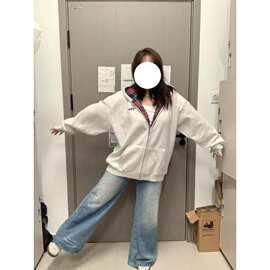 国潮牌拼接撞色格子连帽卫衣女春秋宽松学院风慵懒高级感时尚外套