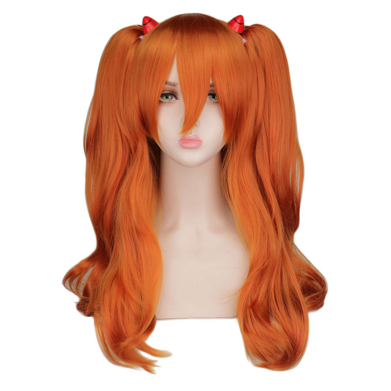 Eva Neon Genesis Evangelion Asuka Cos Wig Orange Tiger Mouth Clip Double Ponytail Long Wig Set