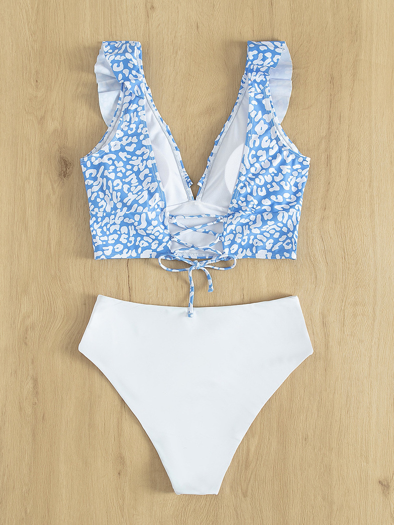 2024 New Leopard Pattern Ruffle Edge Beach Bikini Women's High Waist Triangle Split Swimsuit_voghion.com