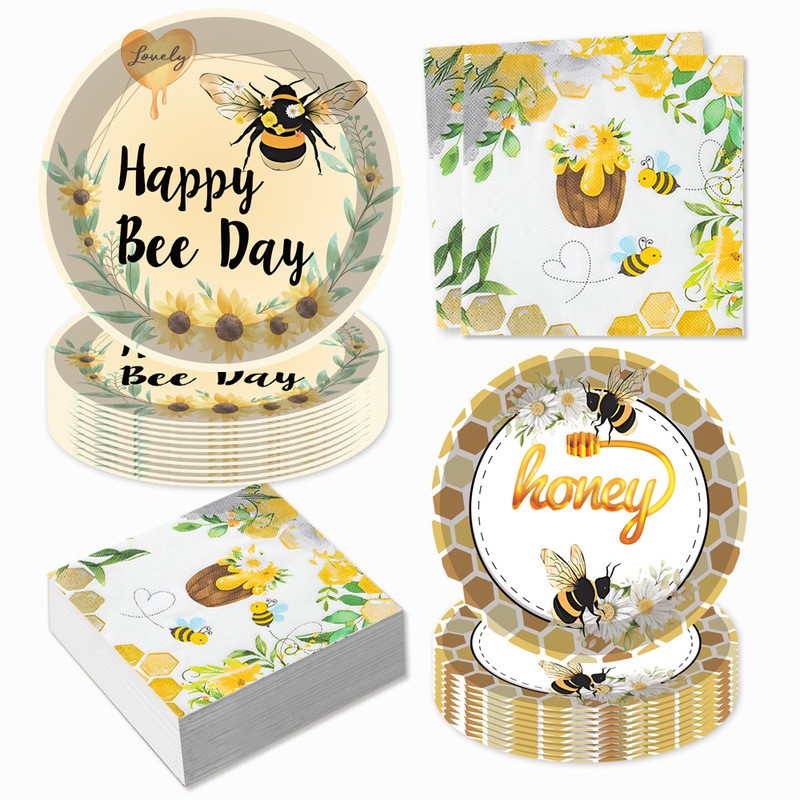 Bee Theme Disposable Tableware Paper Tray Paper Towel Paper Cup suit Non-film Covered Bee Theme Disposable Tableware Paper Tray Paper Towel Paper Cup suit Non-film Covered