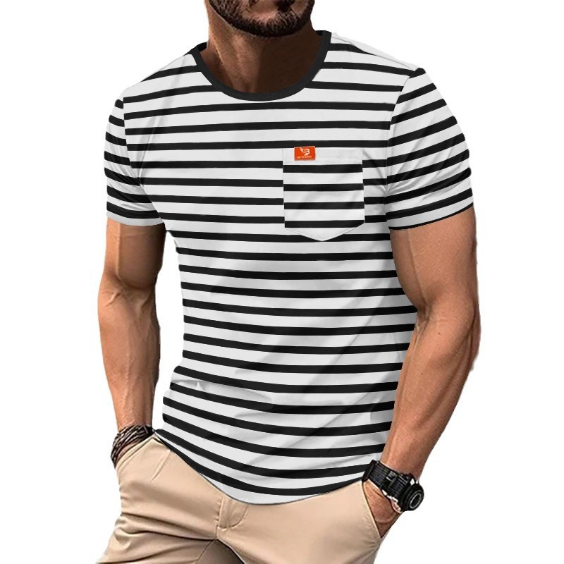 Nueva camiseta de verano de estilo británico para hombre, talla grande, manga corta, con estampado de rayas, cuello redondo, top informal para fitness, ropa deportiva moderna.