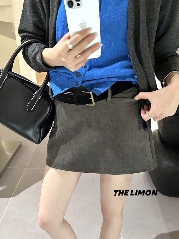 THE LIMON柠檬绿茶秋季简约风复古纯色显瘦短裙半身裙女(配腰带)|undefined