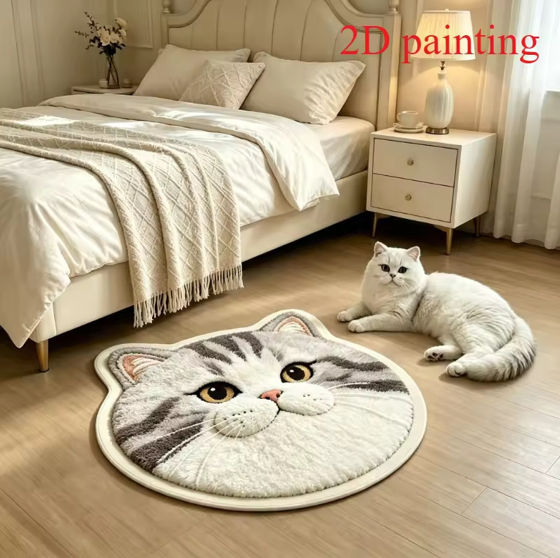 Cute cat imitation cashmere floor mat, water-absorbent and dirt-resistant, bedroom cooling foot mat, cartoon cute pet shaped floor mat, Amazon
