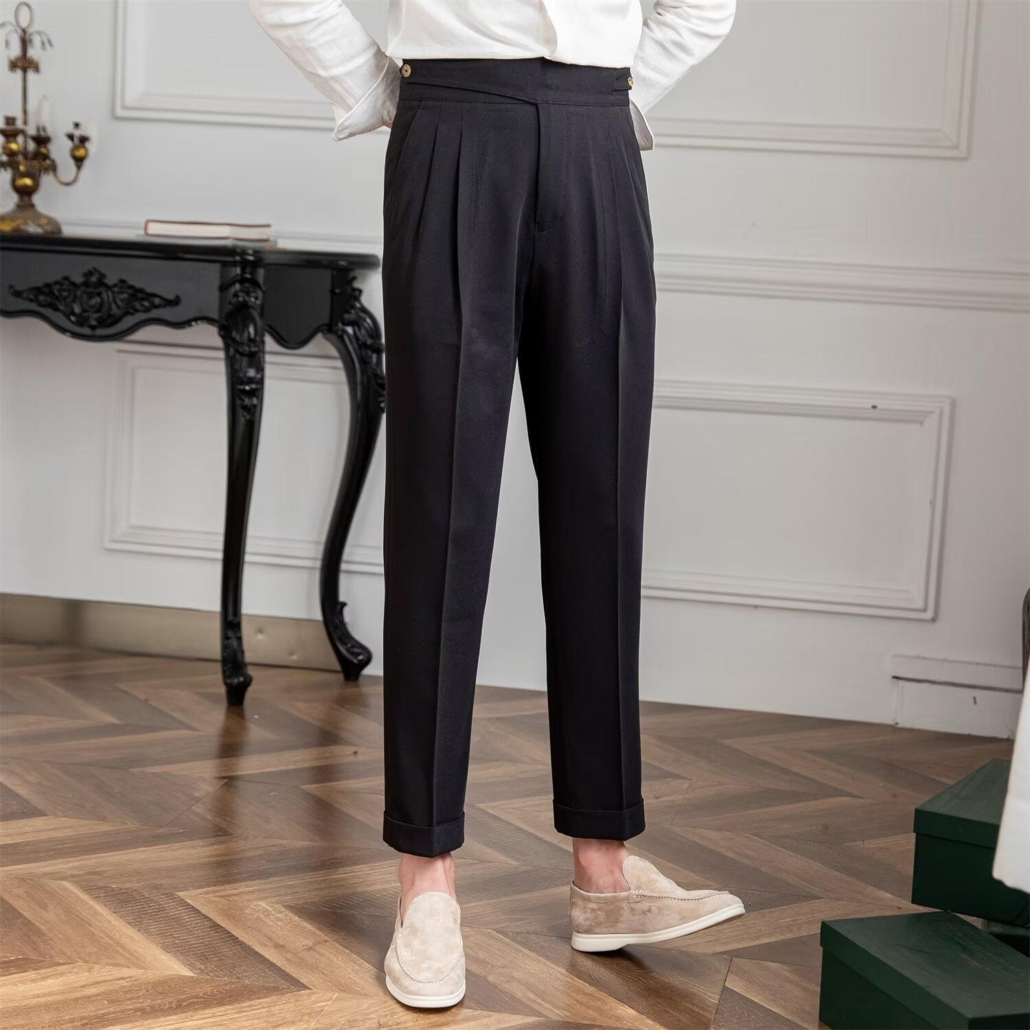 Spring and Autumn Men's Naples High-Waisted Straight Casual Trousers British Paris Button Retro Versatile No-Iron Trousers