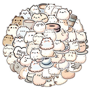 Cross-border 50 cute wind cat and coffee graffiti stickers computer waterproof decorative stickers children's stickers wholesale