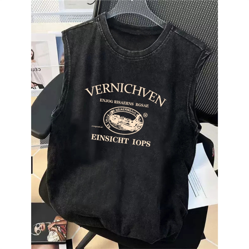 Hong Kong Style Fashion Brand American Style Sleeveless Vest Men's and Women's Summer Pure Cotton Washed Old Loose Casual Sports Waistcoat T-Shirt