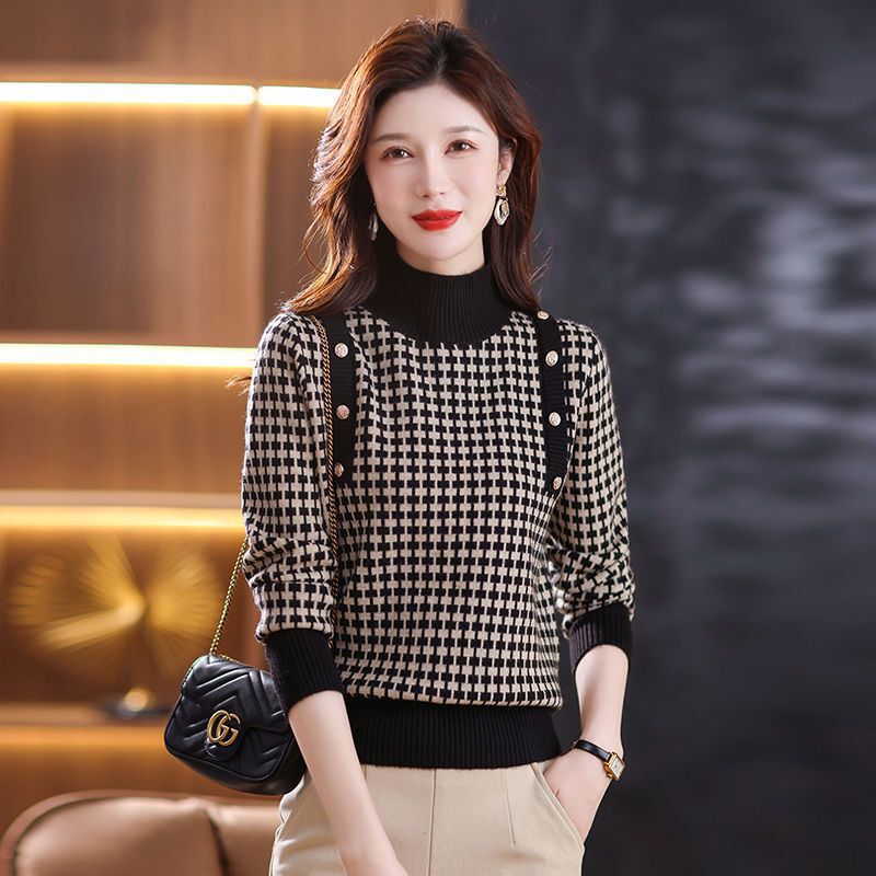Winter Houndstooth Joker Sweater Women's 2024 New fleece-lined Loose Outer Wear Knitted Base Shirt Inner Top