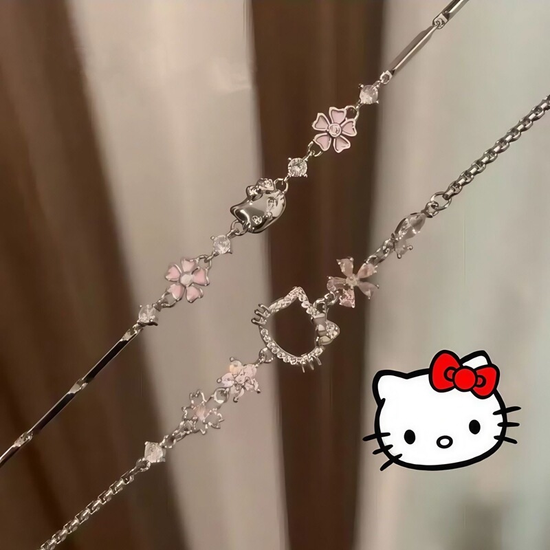 Cute Sanrio Hello Kitty Pink Diamond Cherry Blossom Bracelet for Women, Light Luxury, High Aesthetic Value, Niche Design Jewelry Wholesale