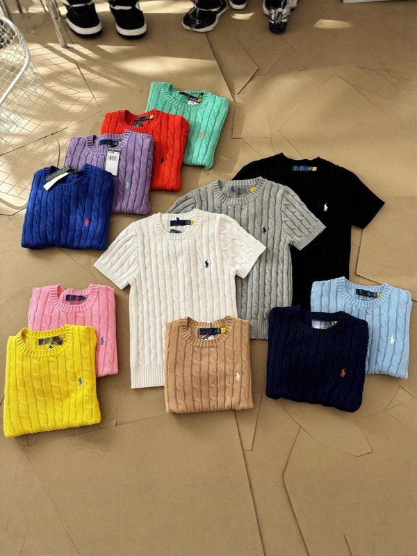 オリジナル版、オリジナルラベル、QRコード付き RLラフ 半袖ニット 刺繍入り ツイストニット ラウンドネック ポニーロゴ入りトップス|undefined