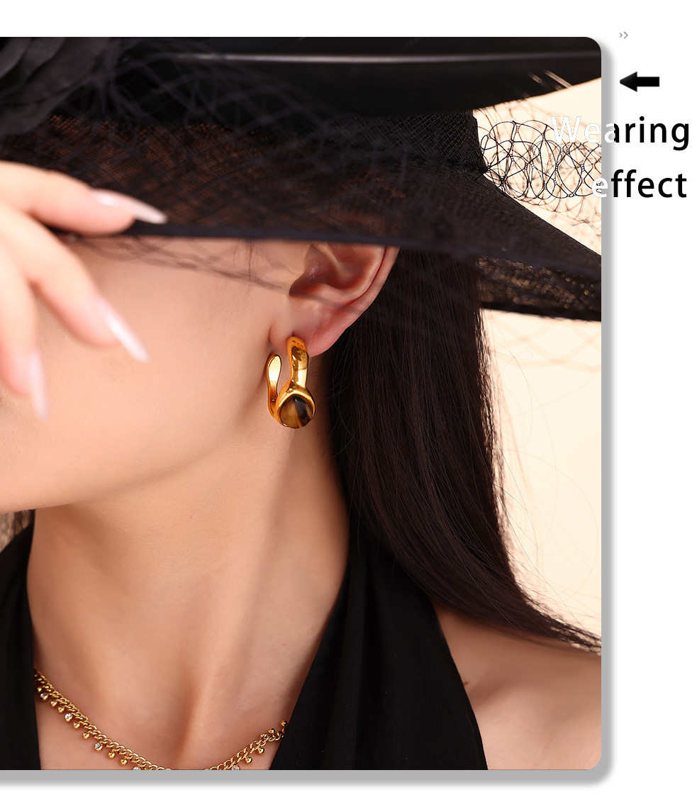 Retro Tiger Eye Stone Hoop Earrings & Open Ring Set Gold Plated_voghion.com