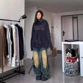 复古做旧解构拼接设计感牛仔裤女宽松直筒阔腿中性美式长裤新款