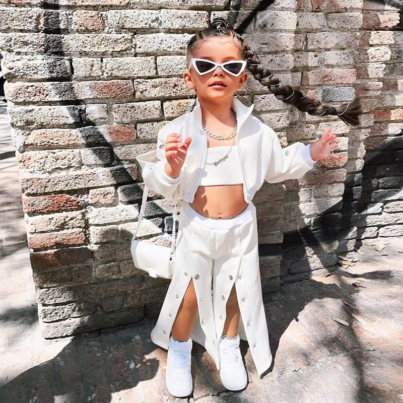 M8081 cross-border children's clothing foreign trade autumn new girls American high street breasted wide leg pants jacket suit ins tide