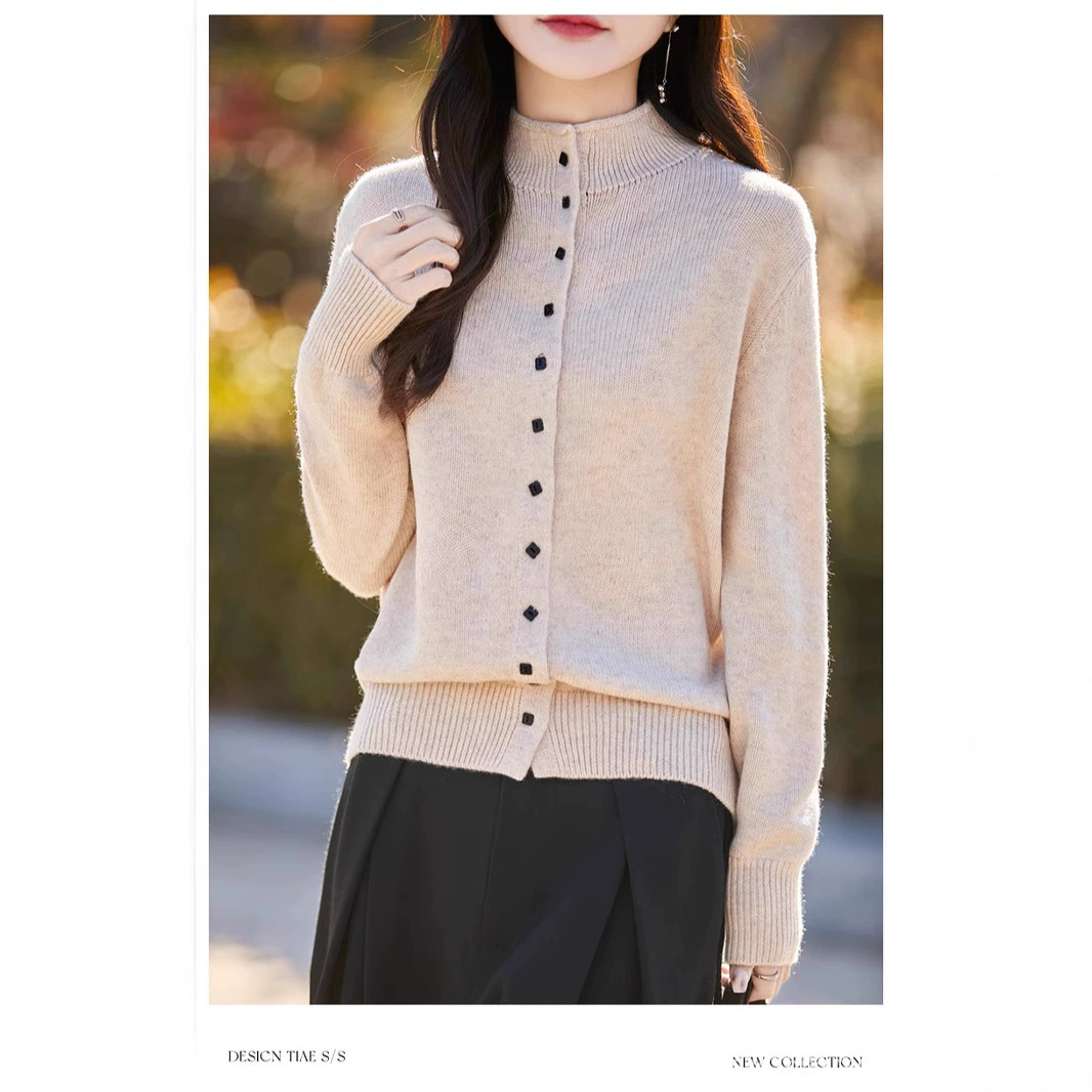Нежный ветер высокий воротник однобортный трикотажный кардиган женский 2024 осень и зима новый свободный дикий свитер топ