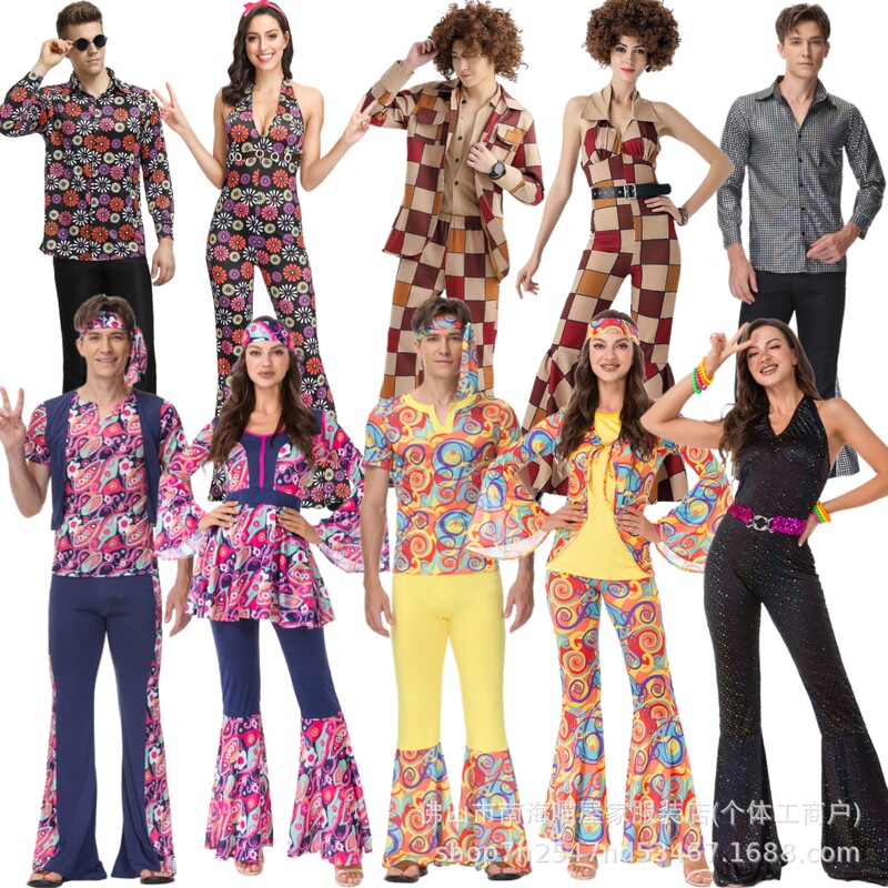 Halloween Costumes for Men and Women Retro 70S Hippie Dance Performance Costumes Nightclub Bar Party Stage Costumes Halloween Costumes for Men and Women Retro 70S Hippie Dance Performance Costumes Nightclub Bar Party Stage Costumes