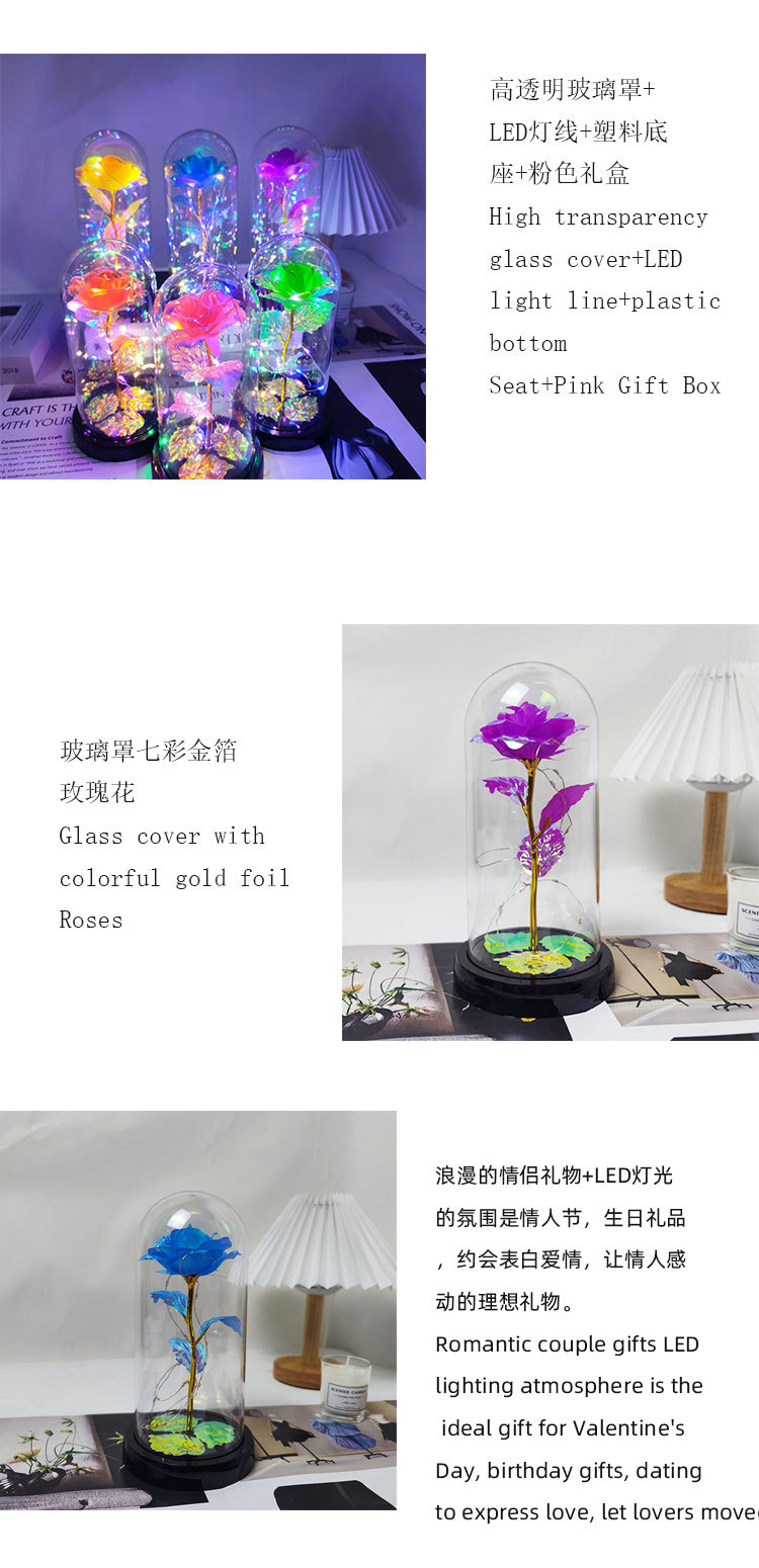 工厂直销跨境爆款炫彩永生金箔玫瑰花玻璃罩小夜灯创意礼品详情2