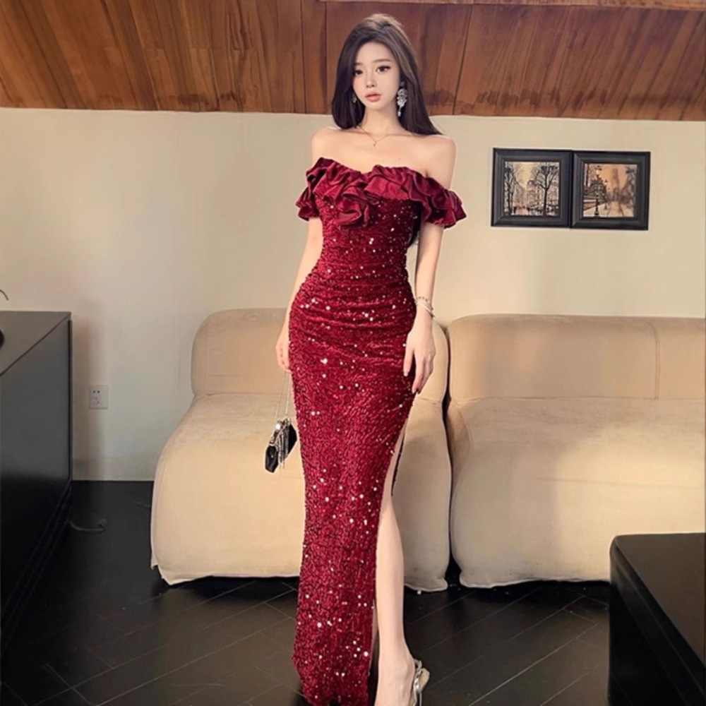 Internet Celebrous Anchor High-level Pure Desire Low-cut Ruffle Shining Shoulder Slim-fit Slimming Hip Dress dress