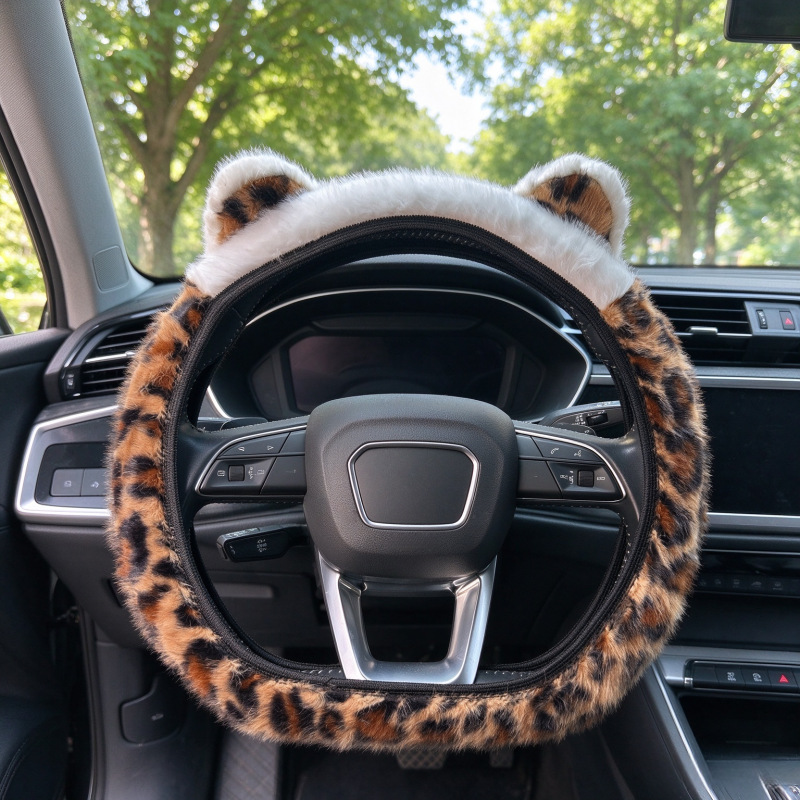 Autumn and Winter Plush Car Steering Wheel Cover with Cute Cartoon Cat Ears, Warm and Cold-Proof, Universal Leopard Print Cover