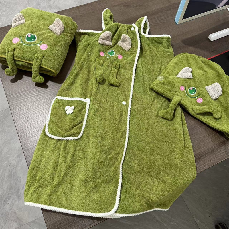 Green Eye Monster Bath Skirt Bath Towel Dry Hair Cap Towel Absorbent Soft Thickened Coral Fleece Wrapping Thick Wearable Cartoon Thick