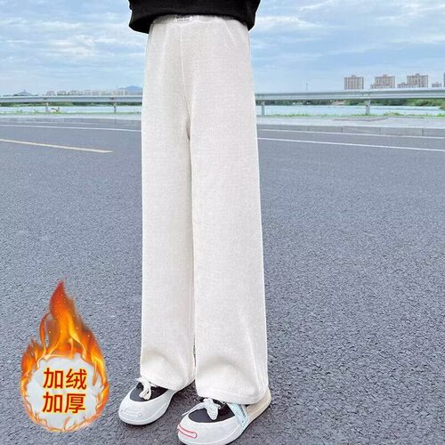 Women's Pants Autumn/Winter Style for Older Children, Stylish Casual Loose Wide Leg Pants with Fleece Lining for Outdoors