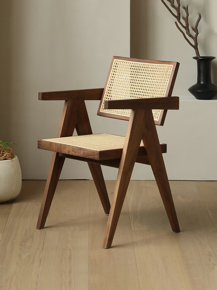 Nordic rattan chair solid wood dining chair wabi-sabi style dining table chair household modern minimalist back chair Chandigarh Ficus