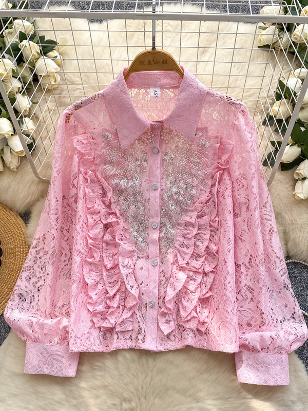 French-Style Light Luxury Socialite Heavy Embroidery Beaded Sequin Long-Sleeve Shirt for Women, Fashionable Versatile Hollow Lace Single-Breasted Top